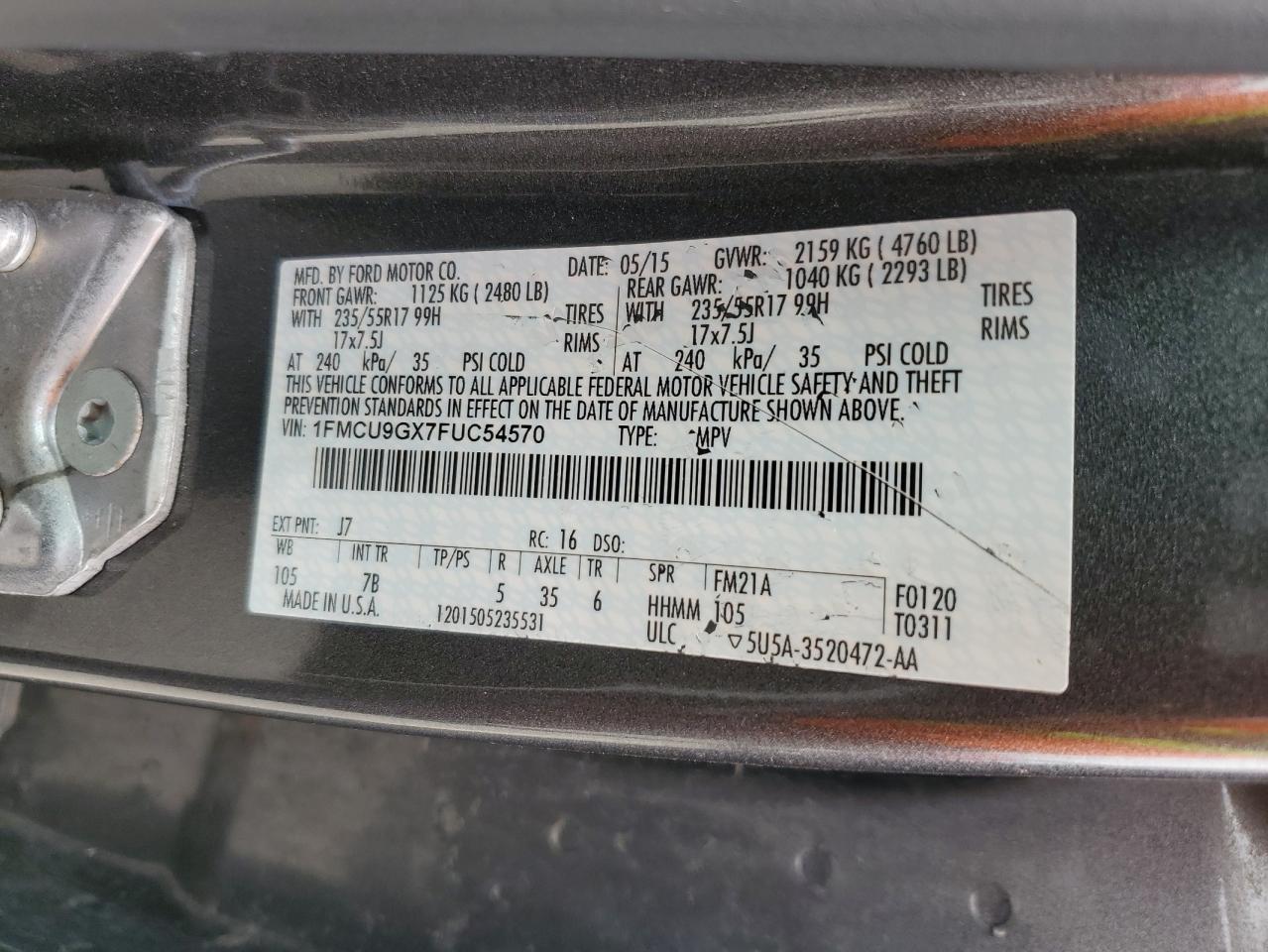 2015 Ford Escape Se VIN: 1FMCU9GX7FUC54570 Lot: 64111875