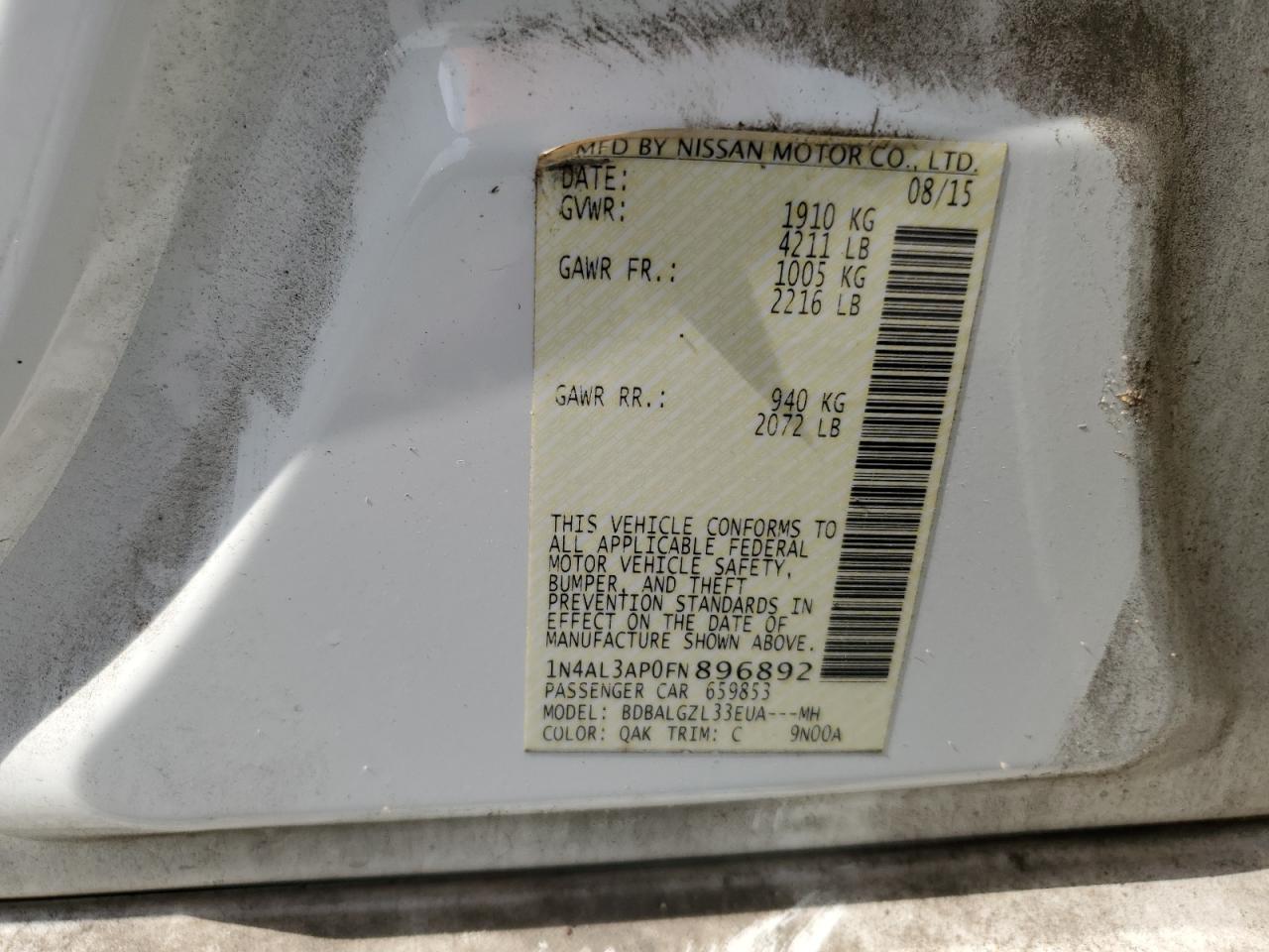 2015 Nissan Altima 2.5 VIN: 1N4AL3AP0FN896892 Lot: 82120755