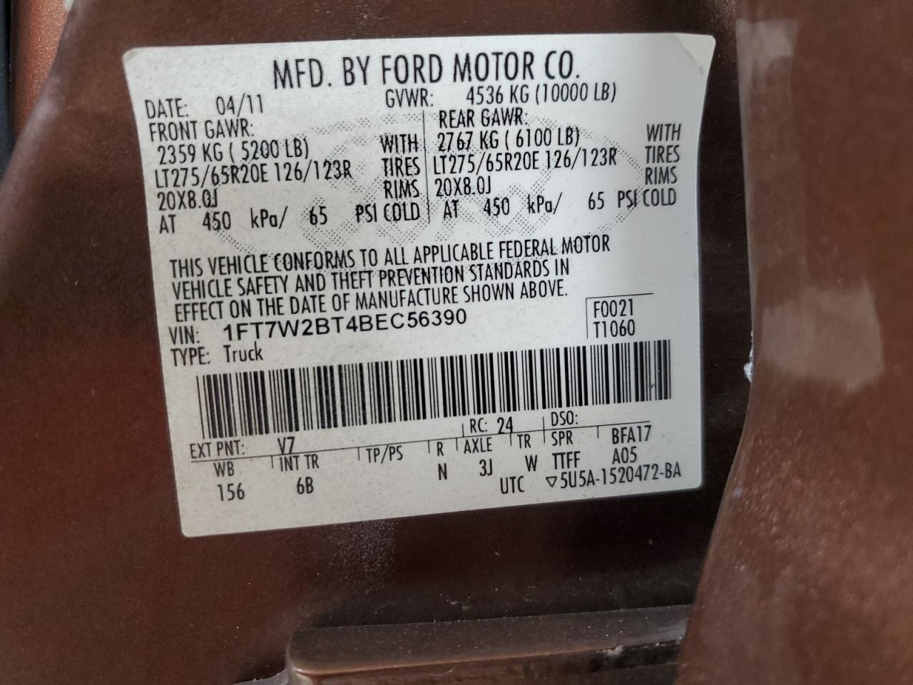 2011 Ford F250 Super Duty VIN: 1FT7W2BT4BEC56390 Lot: 65431725