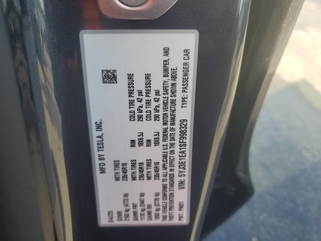 2025 Tesla Model 3 VIN: 5YJ3E1EA1SF998329 Lot: 64974875