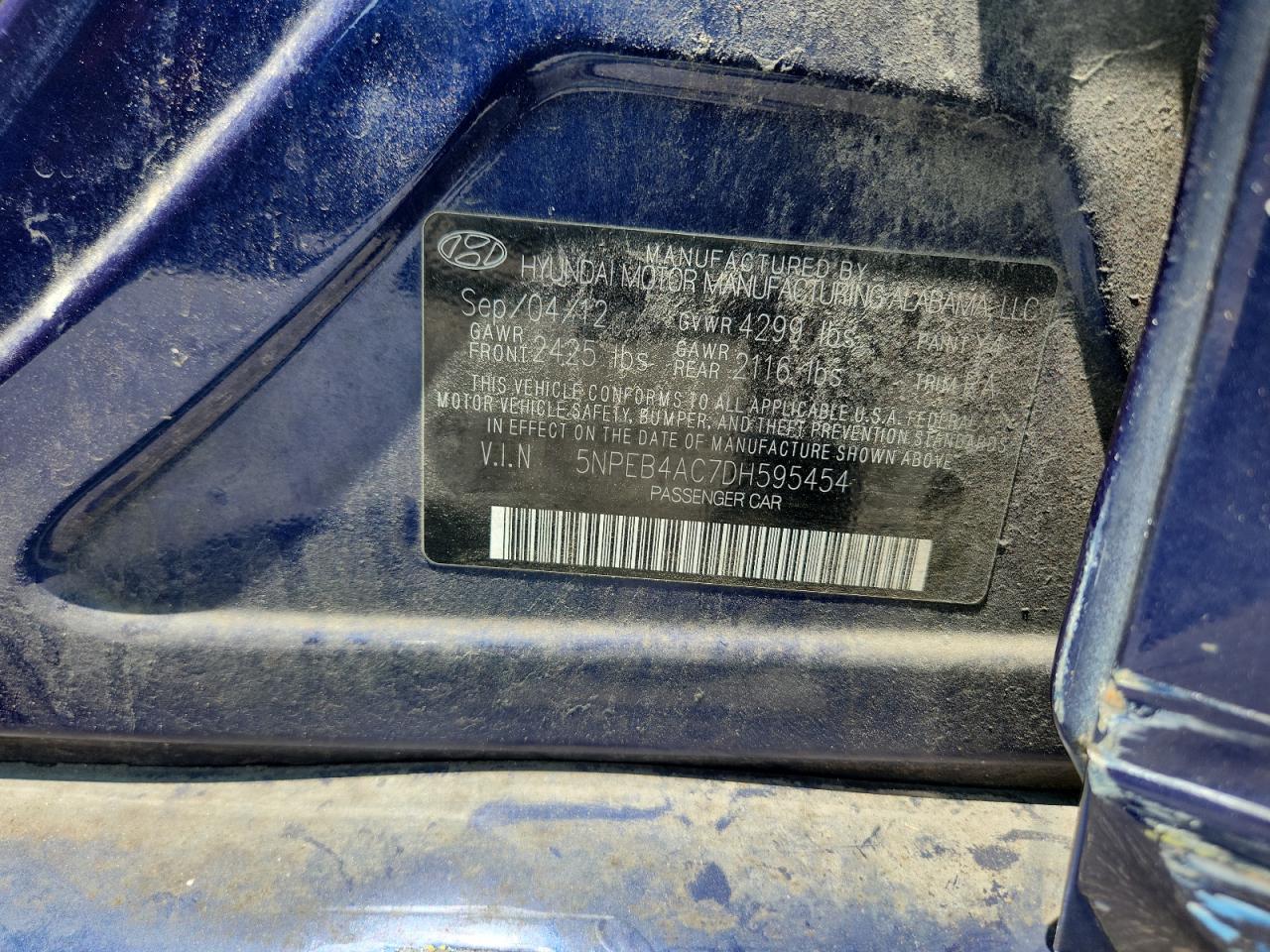 2013 Hyundai Sonata Gls VIN: 5NPEB4AC7DH595454 Lot: 64261475
