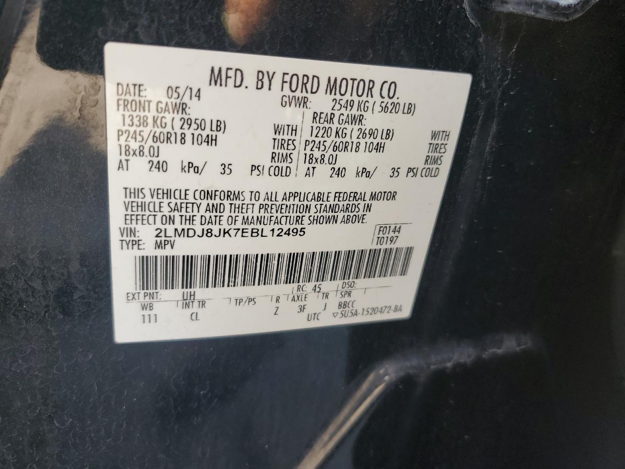 2014 Lincoln Mkx VIN: 2LMDJ8JK7EBL12495 Lot: 66612275