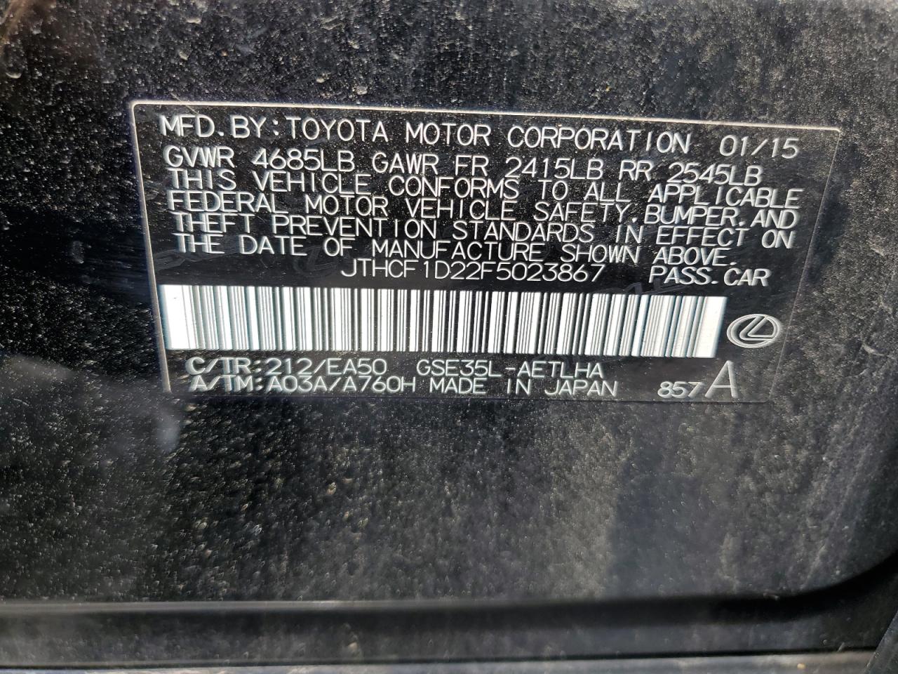 2015 Lexus Is 250 VIN: JTHCF1D22F5023867 Lot: 64484225