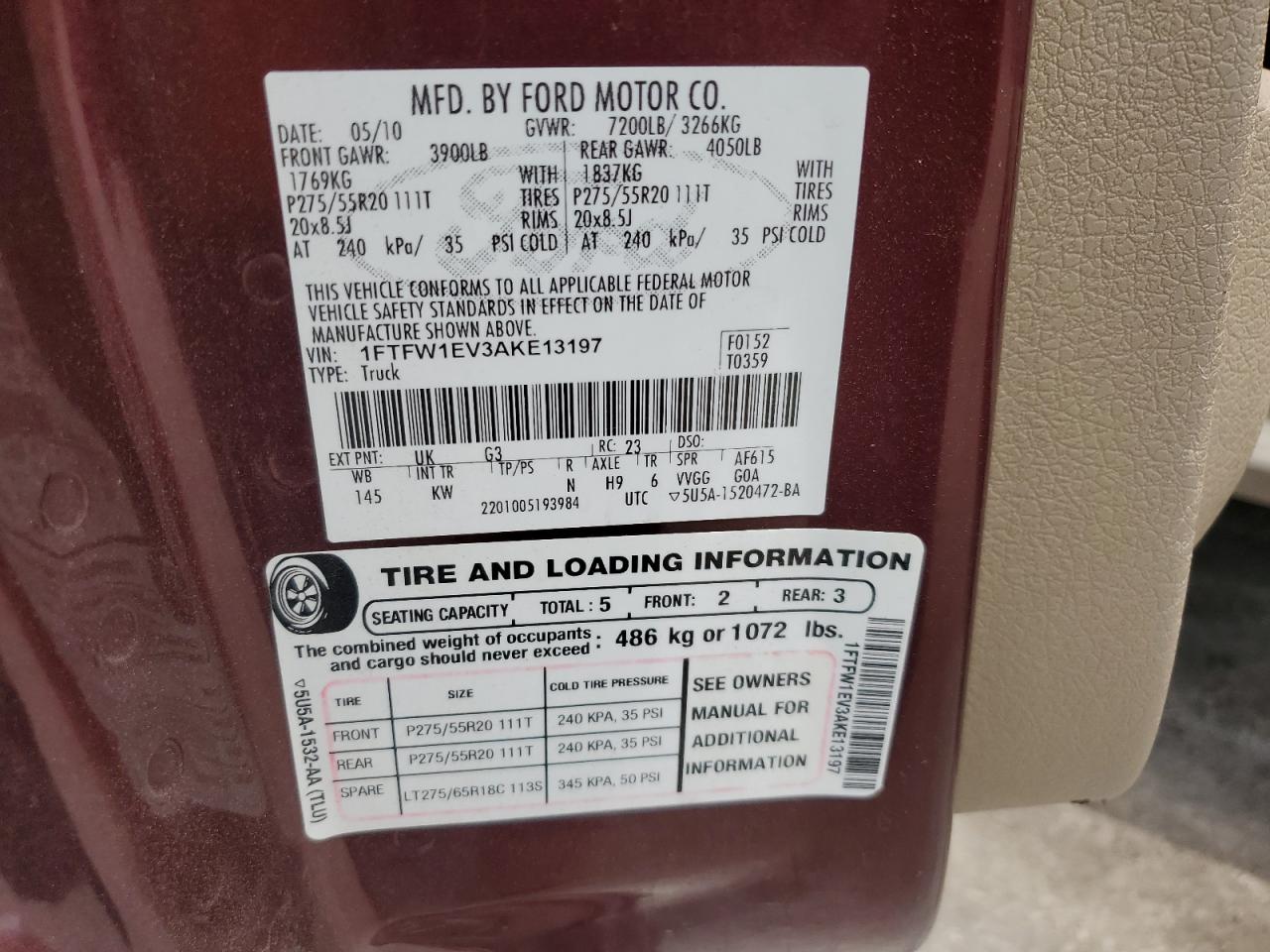 2010 Ford F150 Supercrew VIN: 1FTFW1EV3AKE13197 Lot: 63916245