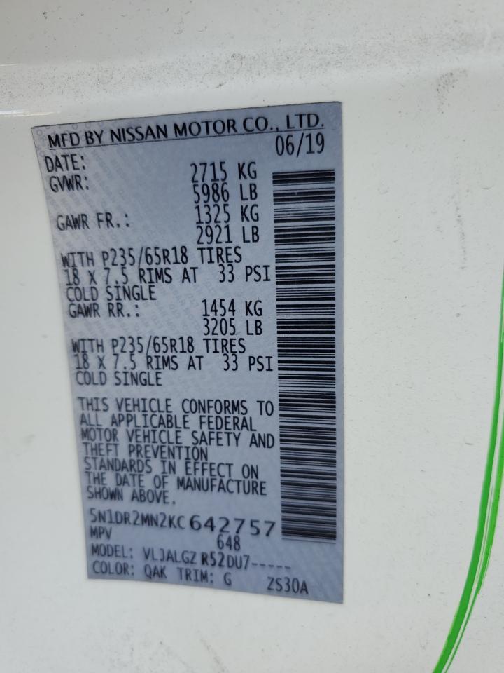 2019 Nissan Pathfinder S VIN: 5N1DR2MN2KC642757 Lot: 63793025