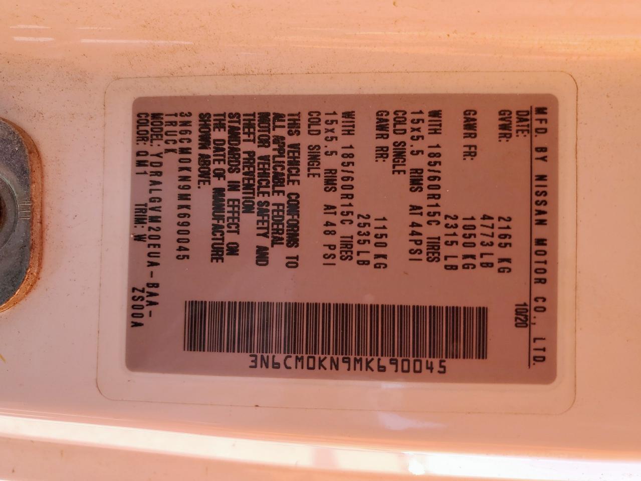 2021 Nissan Nv200 2.5S VIN: 3N6CM0KN9MK690045 Lot: 65065885