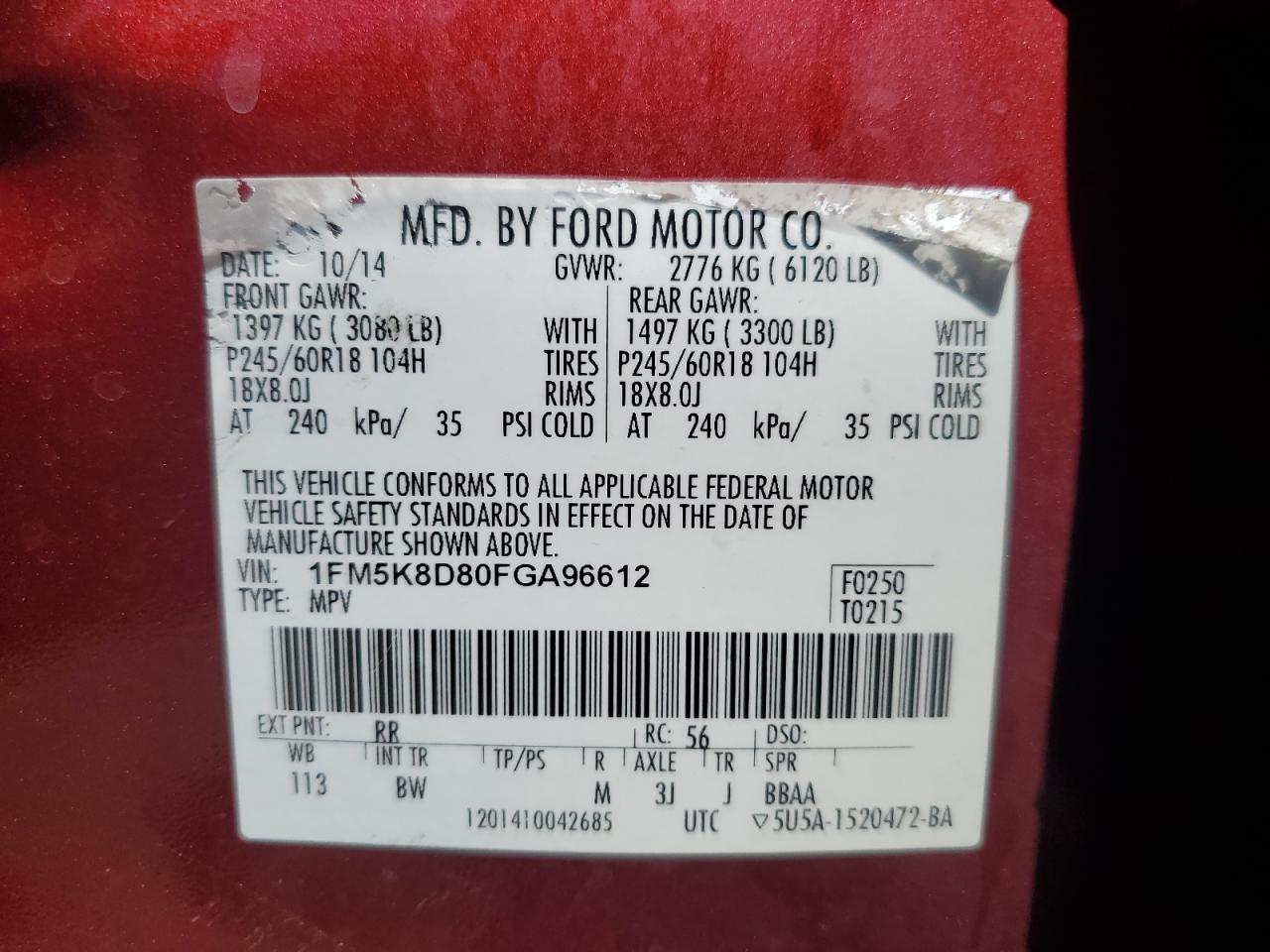 2015 Ford Explorer Xlt VIN: 1FM5K8D80FGA96612 Lot: 64255845