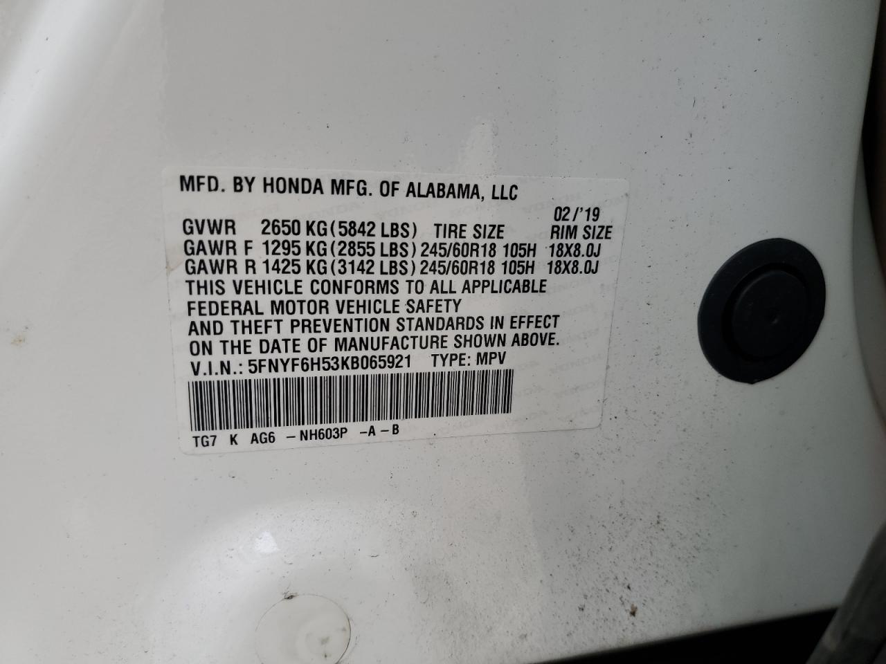 2019 Honda Pilot Exl VIN: 5FNYF6H53KB065921 Lot: 64235585