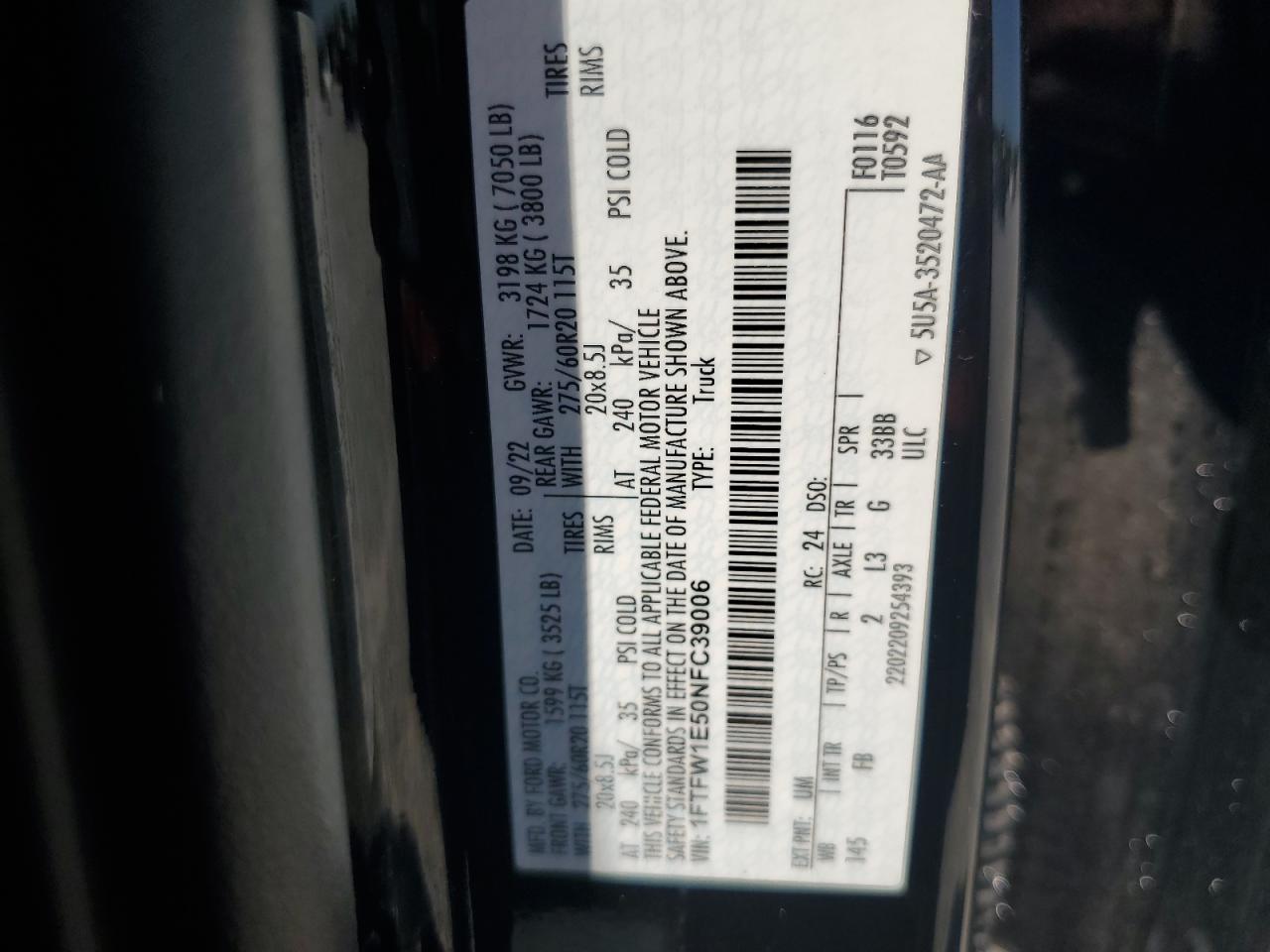 2022 Ford F150 Supercrew VIN: 1FTFW1E50NFC39006 Lot: 64755215