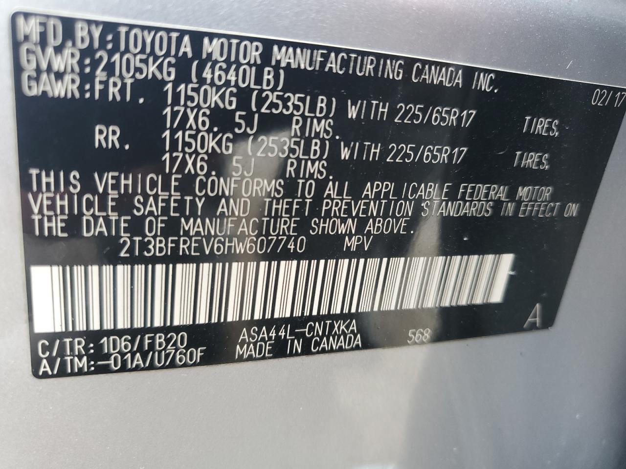 2017 Toyota Rav4 Le VIN: 2T3BFREV6HW607740 Lot: 62654825