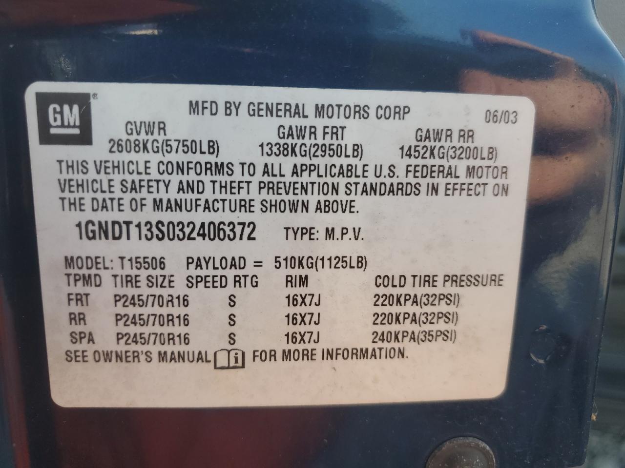 2002 Chevrolet Trailblazer VIN: 1GNDT13S032406372 Lot: 64527165