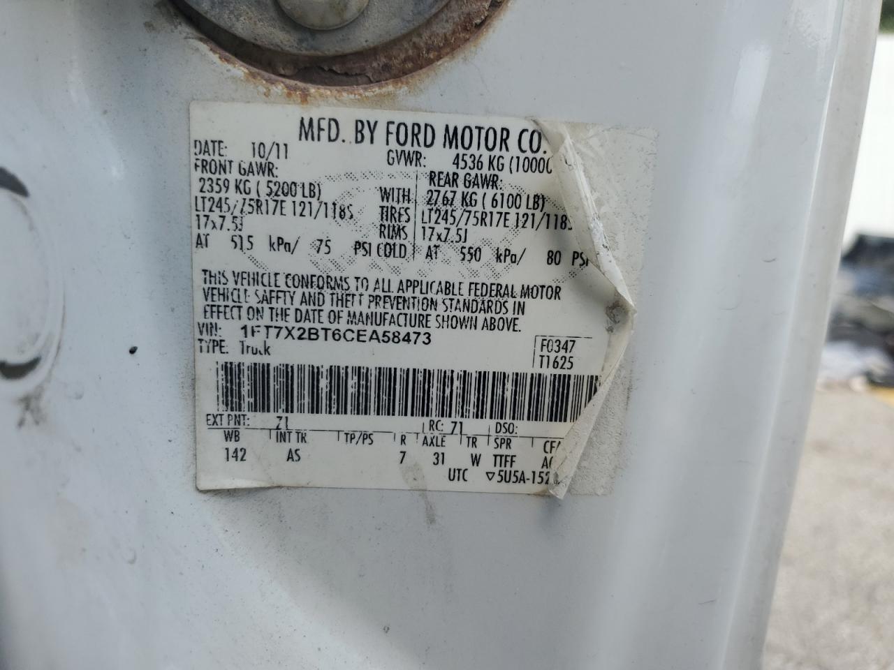 2012 Ford F250 Super Duty VIN: 1FT7X2BT6CEA58473 Lot: 66351385