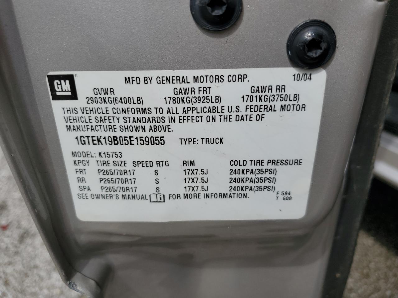 2005 GMC New Sierra K1500 VIN: 1GTEK19B05E159055 Lot: 65569035