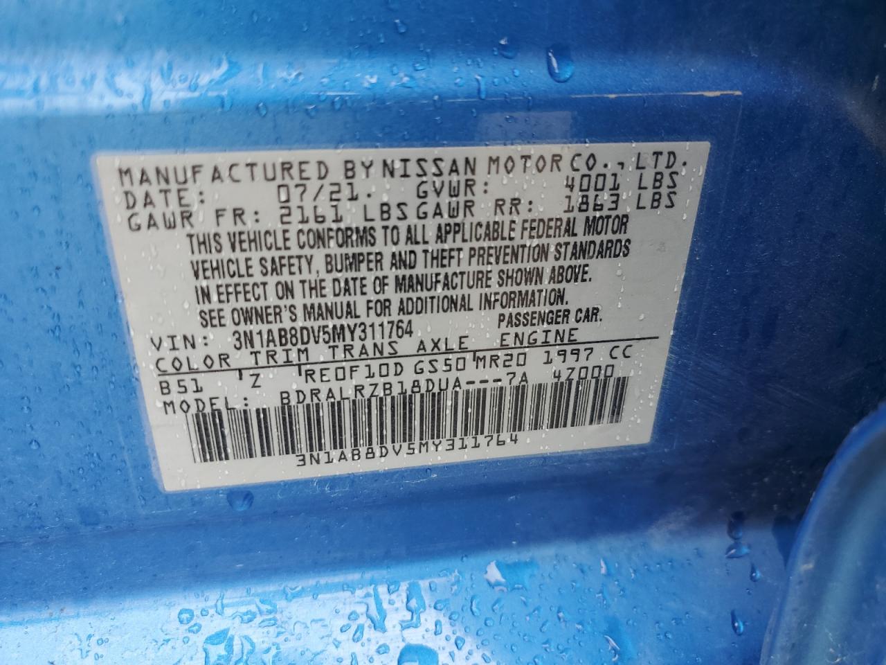 2021 Nissan Sentra Sr VIN: 3N1AB8DV5MY311764 Lot: 63984995
