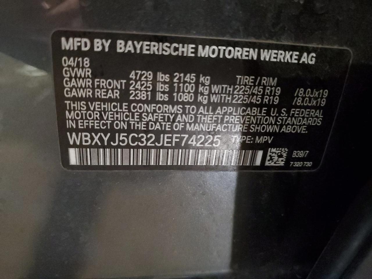 2018 BMW X2 xDrive28I VIN: WBXYJ5C32JEF74225 Lot: 63037325