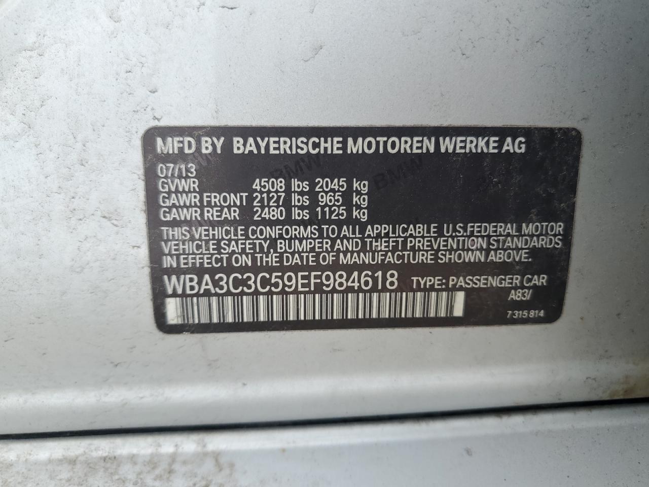 2014 BMW 320 I xDrive VIN: WBA3C3C59EF984618 Lot: 64898555