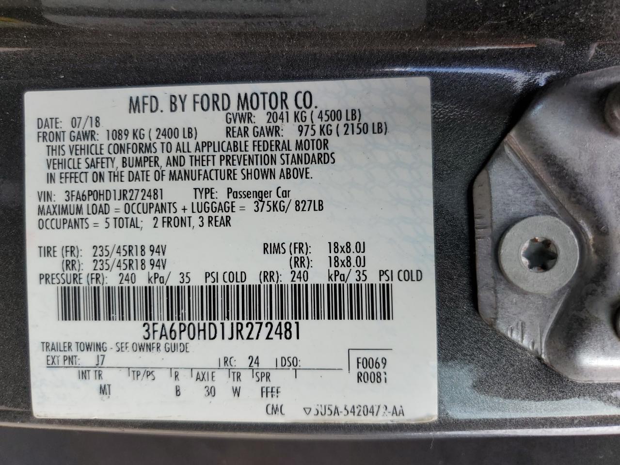 2018 Ford Fusion Se VIN: 3FA6P0HD1JR272481 Lot: 65448665