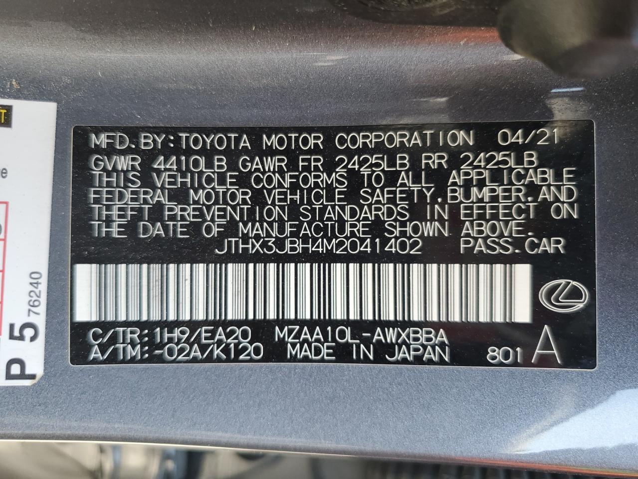 2021 Lexus Ux 200 VIN: JTHX3JBH4M2041402 Lot: 64621655