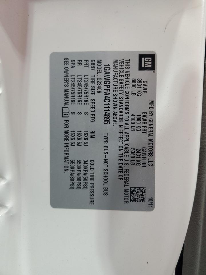 2012 Chevrolet Express G2500 Ls VIN: 1GAWGPFA4C1114895 Lot: 63523305