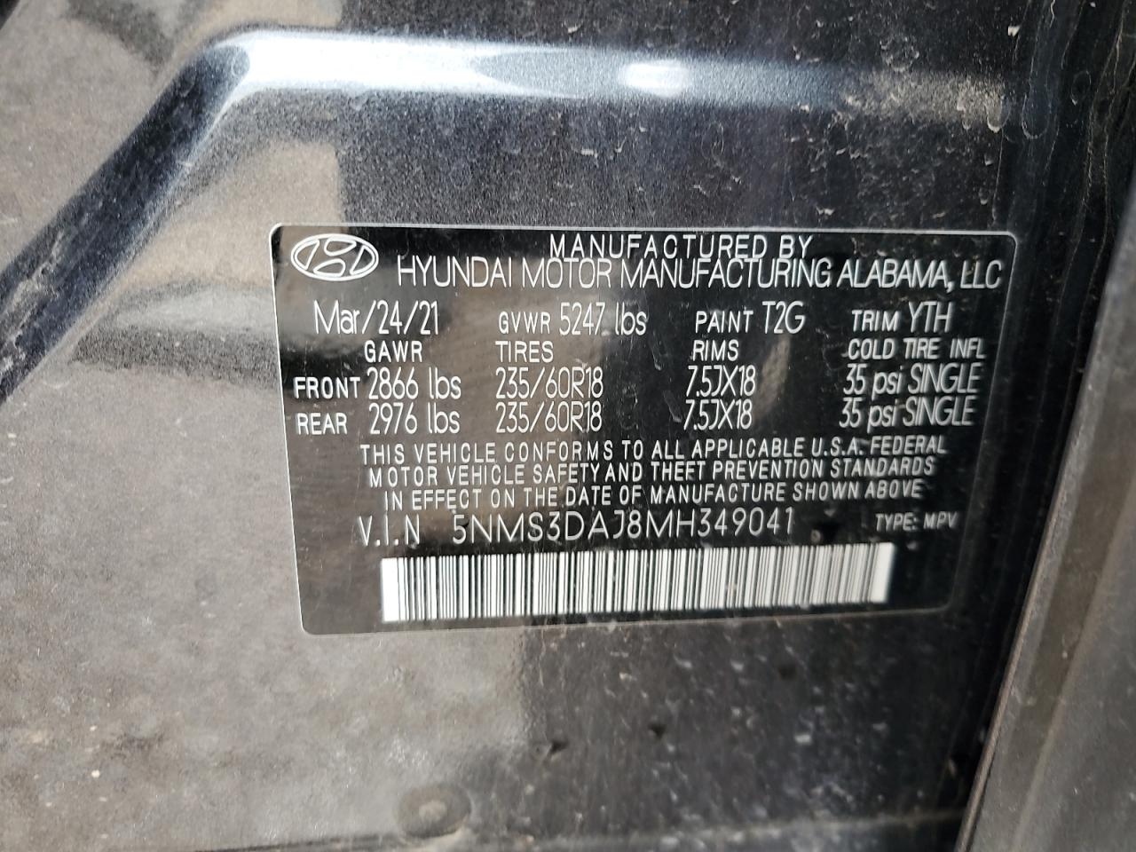 2021 Hyundai Santa Fe Sel VIN: 5NMS3DAJ8MH349041 Lot: 64403015