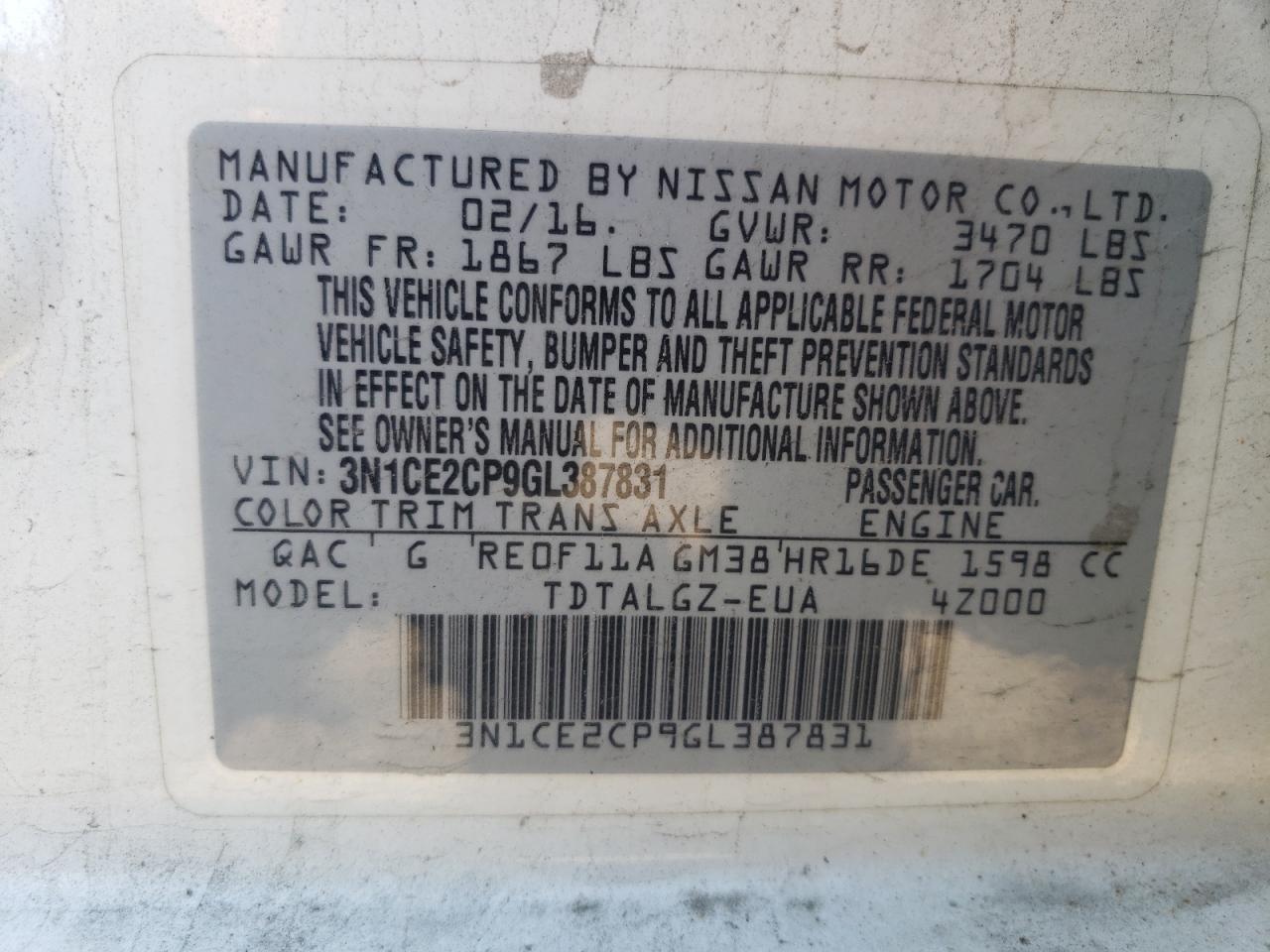 2016 Nissan Versa Note S VIN: 3N1CE2CP9GL387831 Lot: 63273305