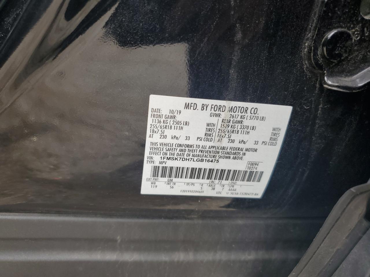 2020 Ford Explorer Xlt VIN: 1FMSK7DH7LGB16475 Lot: 65202095