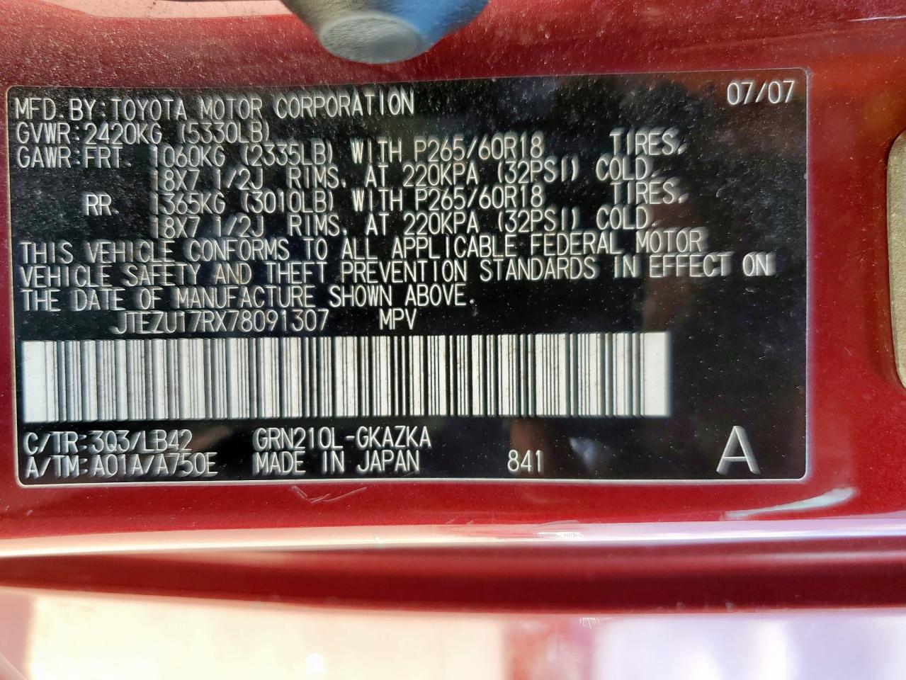 2007 Toyota 4Runner Limited VIN: JTEZU17RX78091307 Lot: 65688445