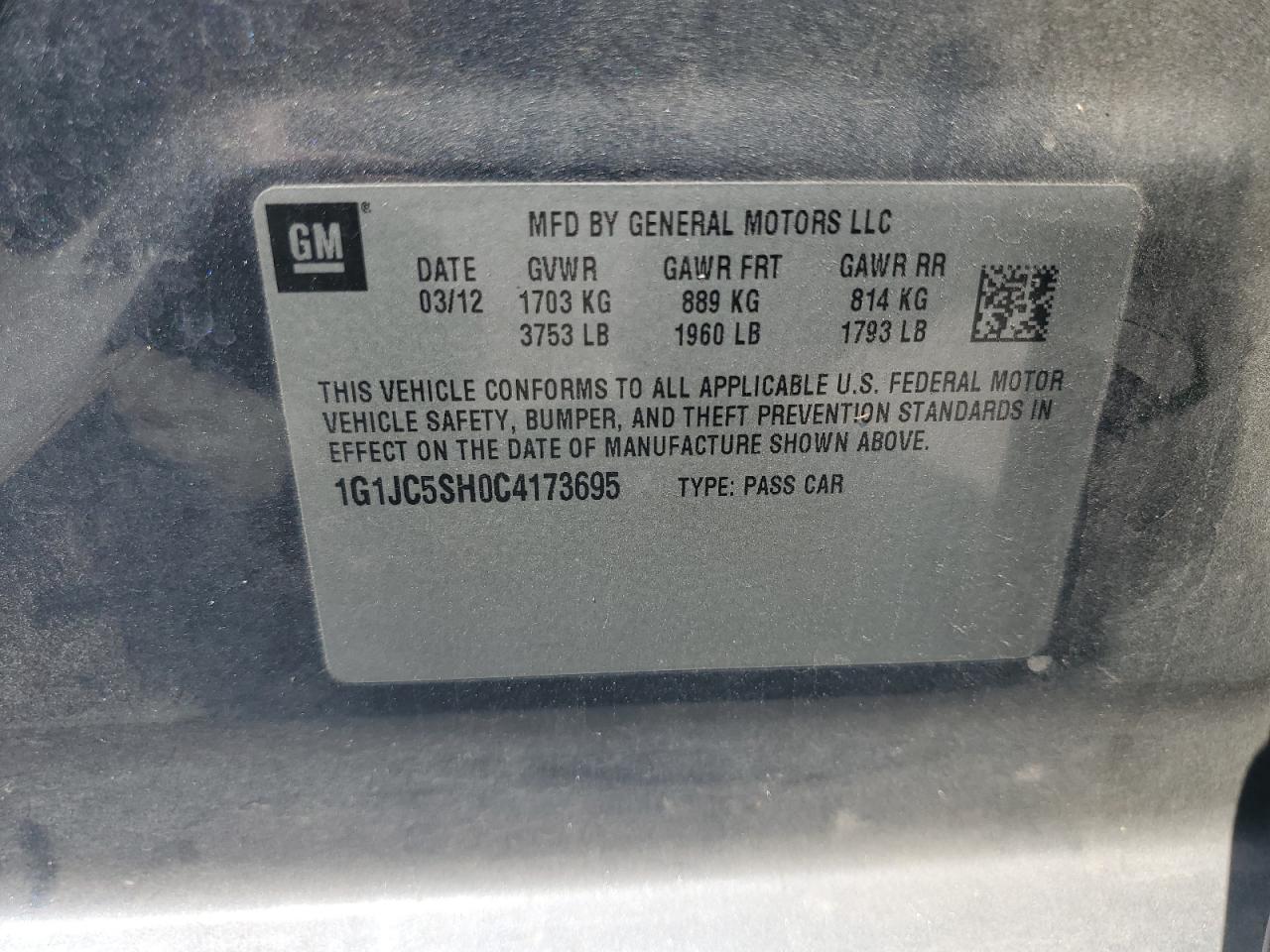 2012 Chevrolet Sonic Lt VIN: 1G1JC5SH0C4173695 Lot: 62202825