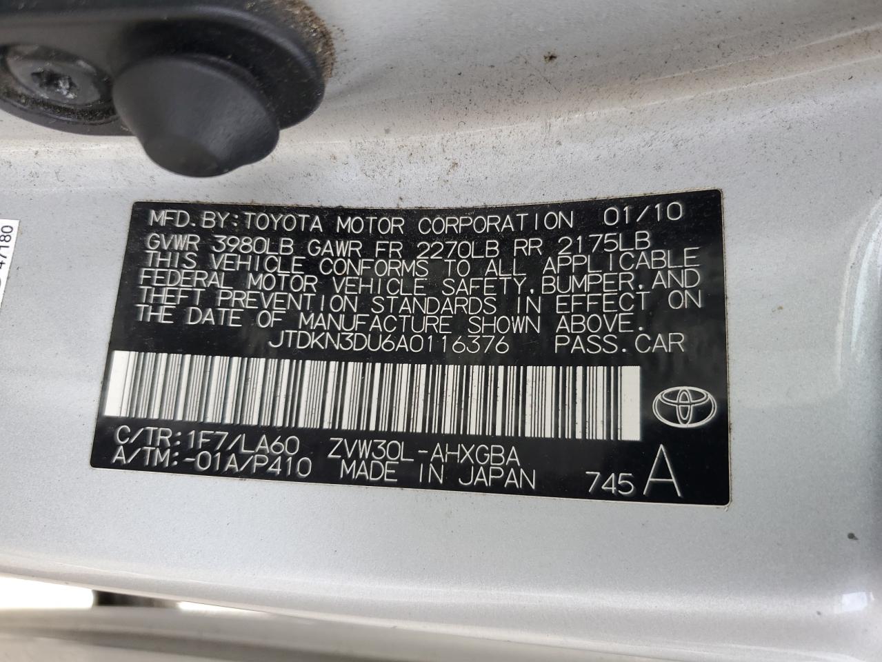 2010 Toyota Prius VIN: JTDKN3DU6A0116376 Lot: 63928065