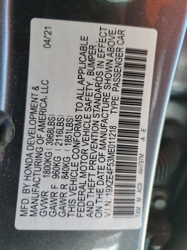 2021 Honda Insight Ex VIN: 19XZE4F53ME011218 Lot: 64096975