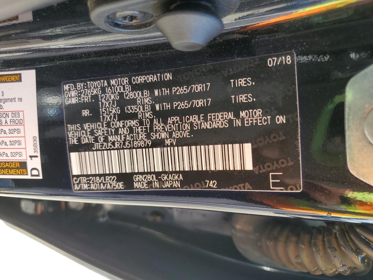 2018 Toyota 4Runner Sr5 VIN: JTEZU5JR7J5189879 Lot: 63765825