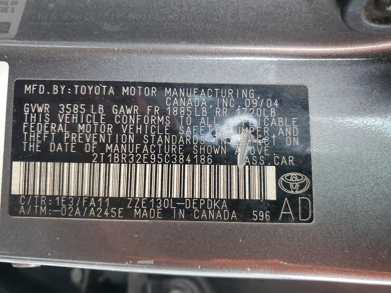 2005 Toyota Corolla Ce VIN: 2T1BR32E95C384186 Lot: 64622545