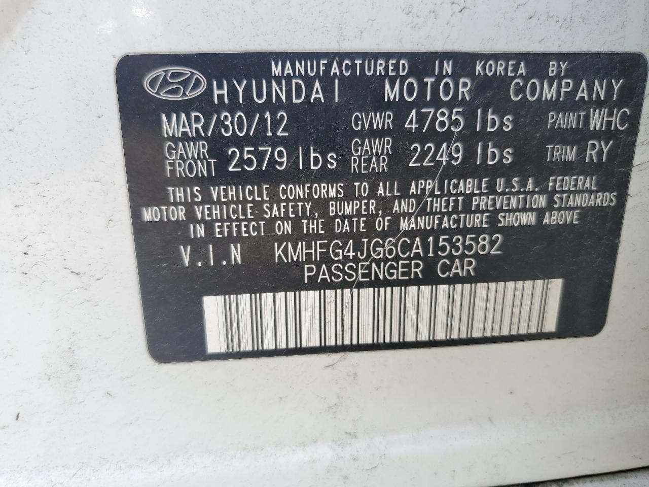 2012 Hyundai Azera Gls VIN: KMHFG4JG6CA153582 Lot: 64809485