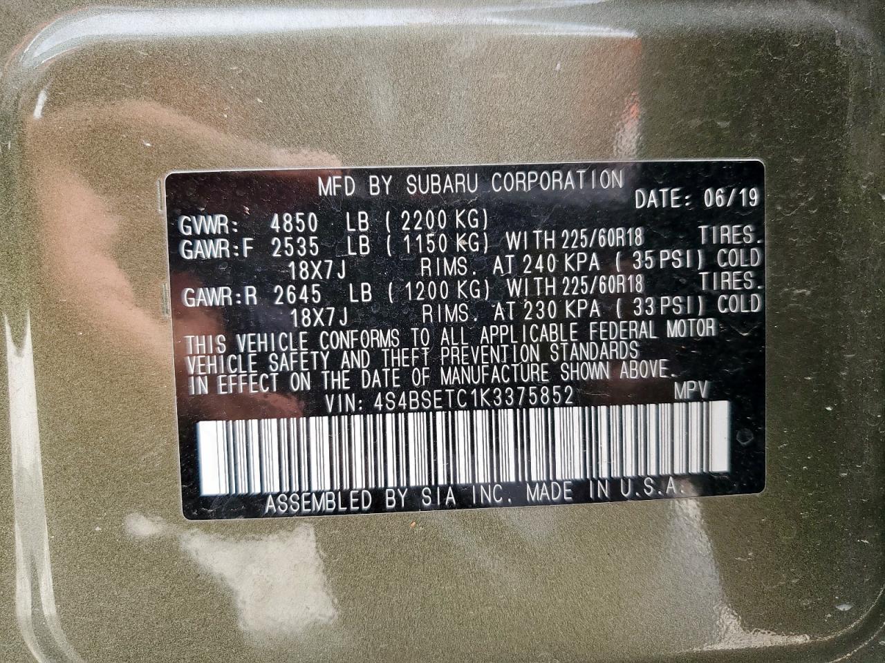 2019 Subaru Outback Touring VIN: 4S4BSETC1K3375852 Lot: 63124745