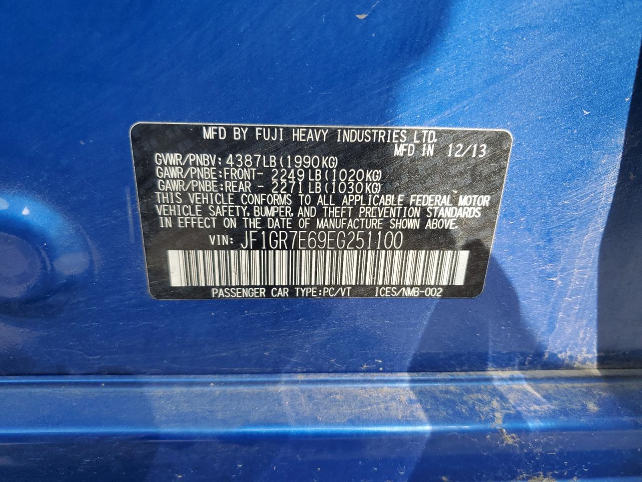 2014 Subaru Impreza Wrx VIN: JF1GR7E69EG251100 Lot: 64001835