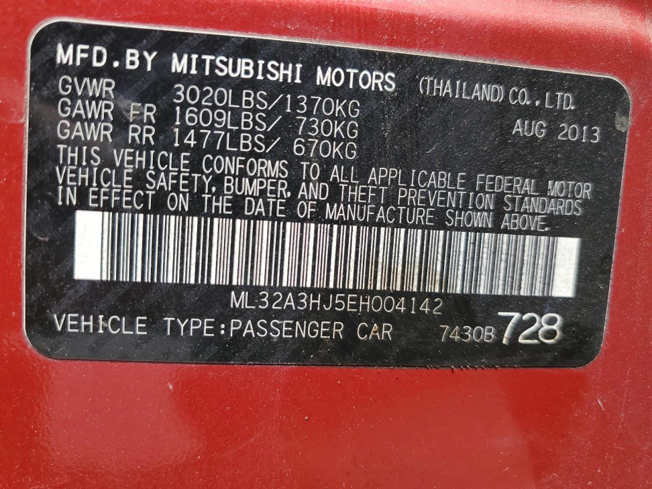 2014 Mitsubishi Mirage De VIN: ML32A3HJ5EH004142 Lot: 63791685