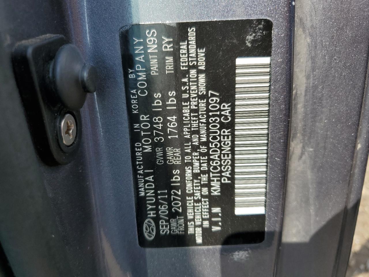 2012 Hyundai Veloster VIN: KMHTC6AD5CU031097 Lot: 63644065