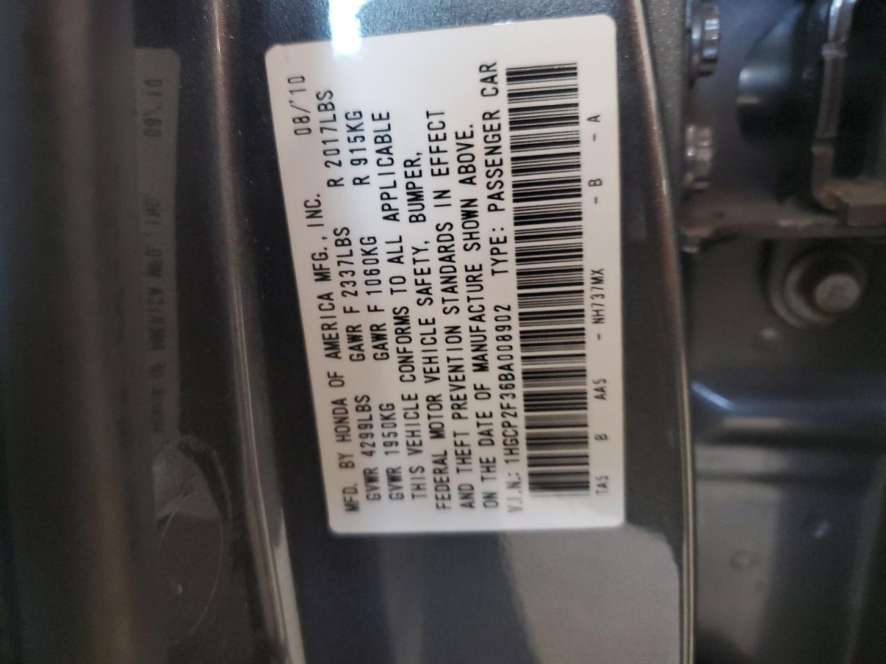 2011 Honda Accord Lx VIN: 1HGCP2F36BA008902 Lot: 66266375