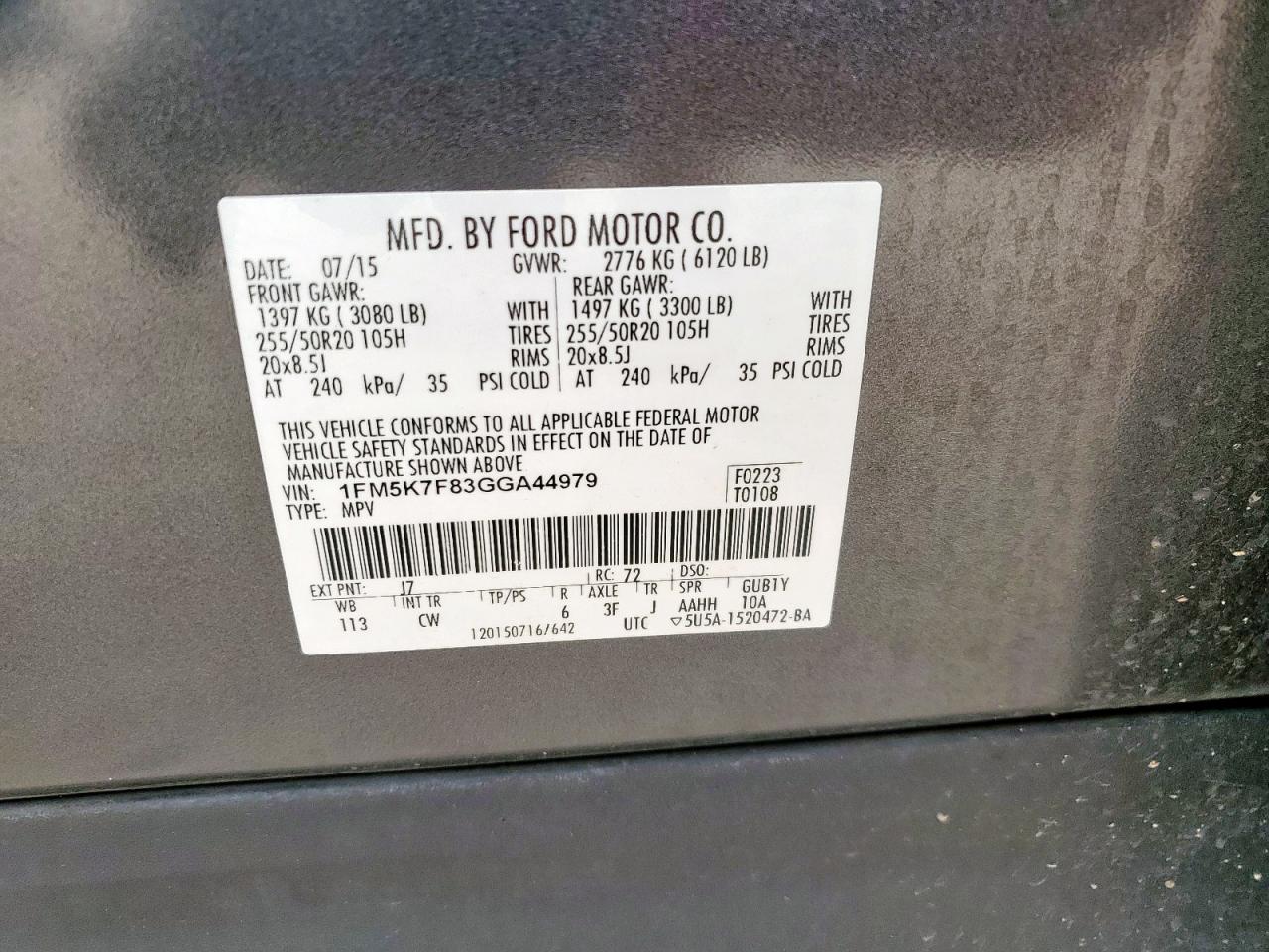 2016 Ford Explorer Limited VIN: 1FM5K7F83GGA44979 Lot: 65274435