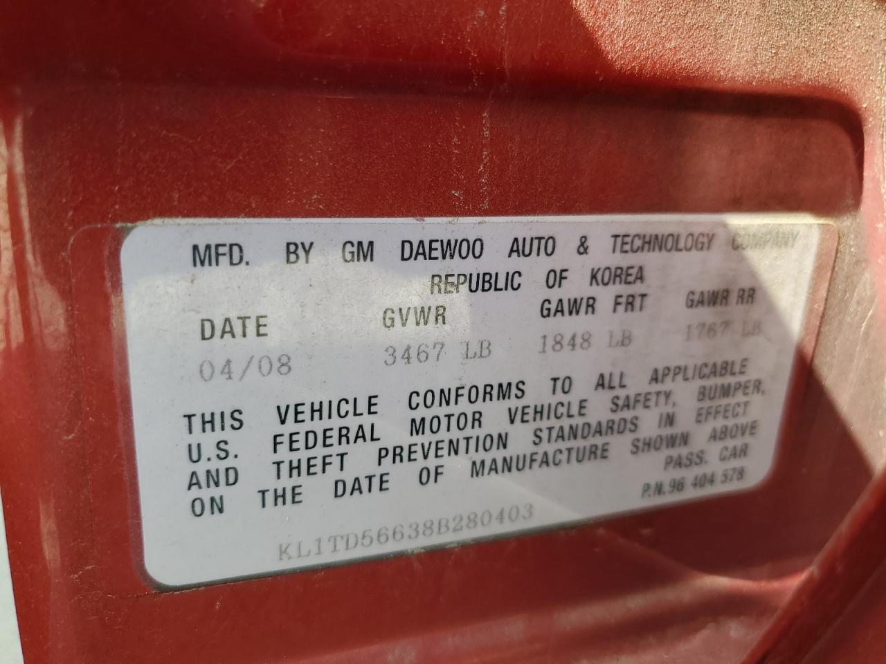 2008 Chevrolet Aveo Base VIN: KL1TD56638B280403 Lot: 67247755