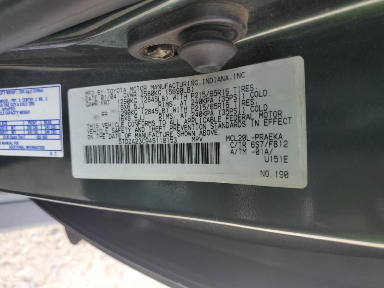 2004 Toyota Sienna Ce VIN: 5TDZA23C94S118153 Lot: 63943105