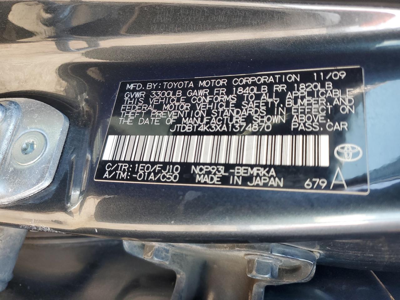 2010 Toyota Yaris VIN: JTDBT4K3XA1374870 Lot: 65362455
