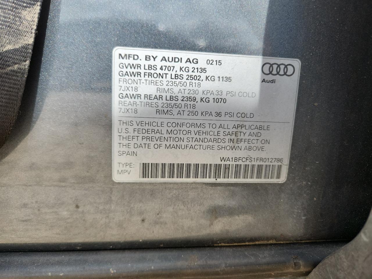 2015 Audi Q3 Premium Plus VIN: WA1BFCFS1FR012786 Lot: 63251325