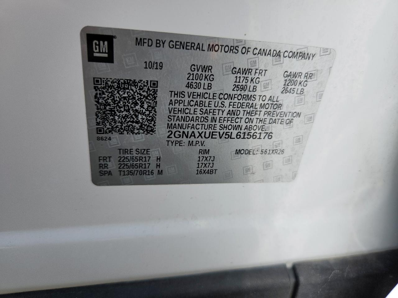 2020 Chevrolet Equinox Lt VIN: 2GNAXUEV5L6156176 Lot: 65199185