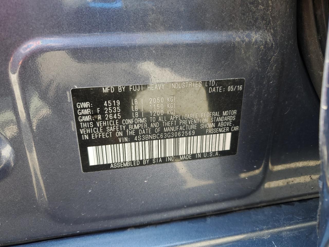 2016 Subaru Legacy 2.5I Premium VIN: 4S3BNBC63G3062569 Lot: 64271495