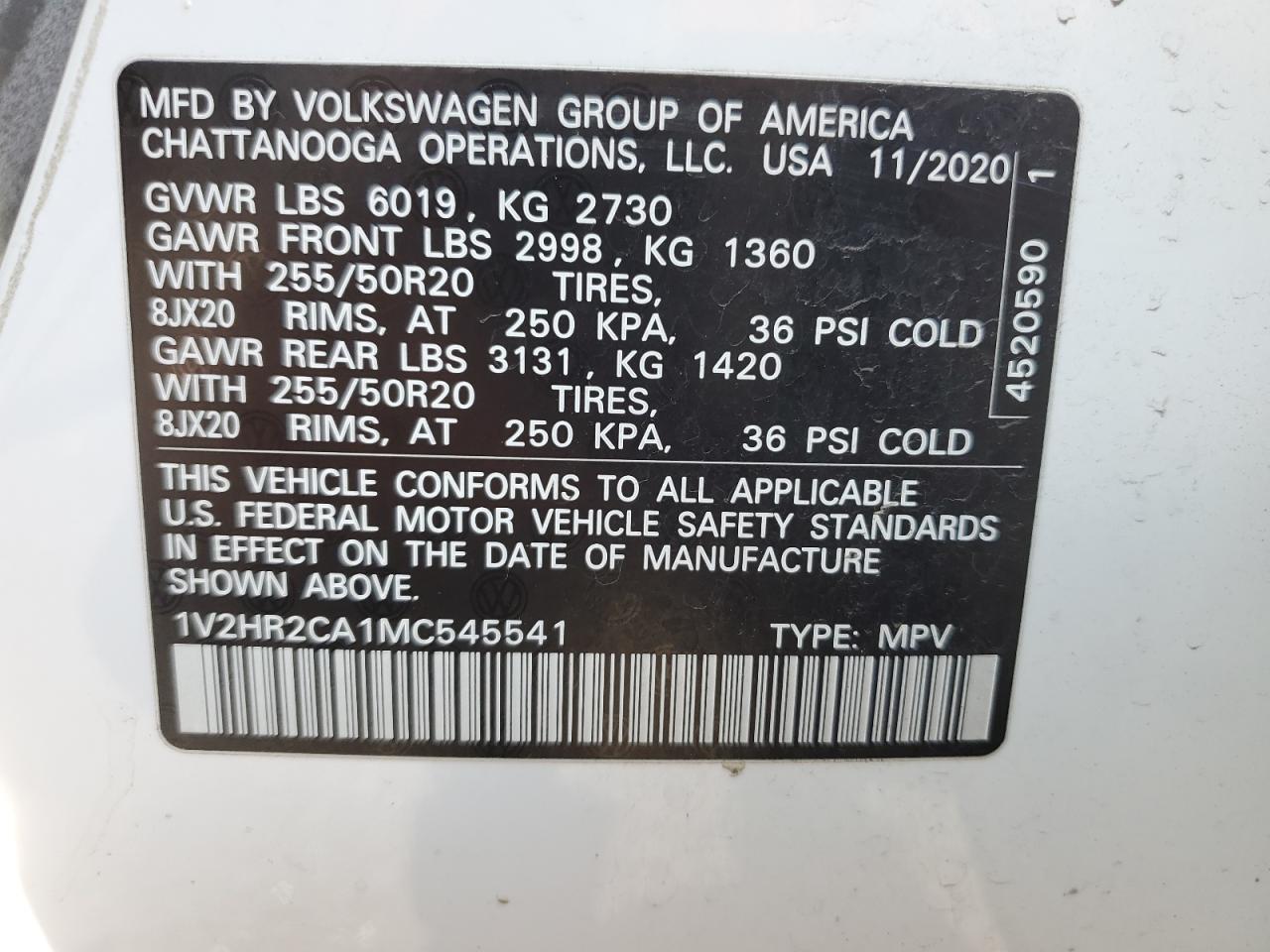 2021 Volkswagen Atlas Se VIN: 1V2HR2CA1MC545541 Lot: 64247035
