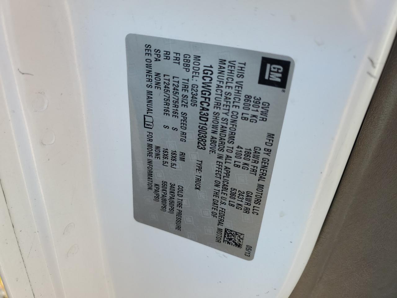 2013 Chevrolet Express G2500 VIN: 1GCWGFCA3D1903823 Lot: 62465765