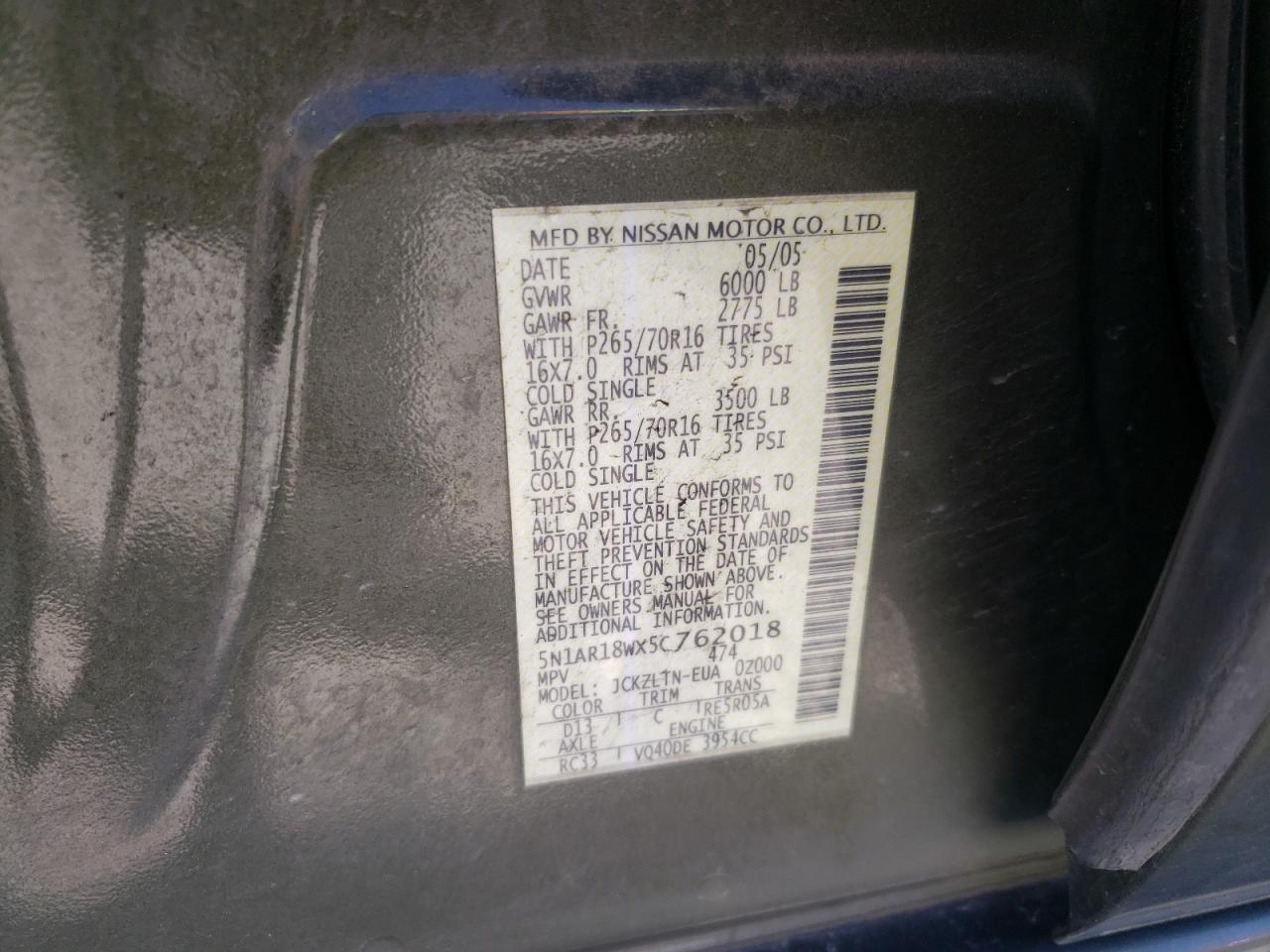 5n1ar18wx5c762018 5N1AR18WX5C762018 2005 Nissan Pathfinder Le