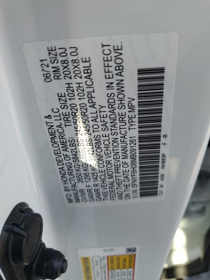 2021 Honda Pilot Elite VIN: 5FNYF6H08MB091261 Lot: 64903485