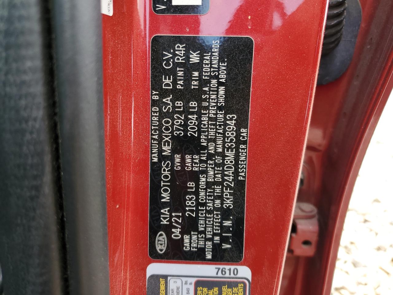 2021 Kia Forte Fe VIN: 3KPF24AD8ME358943 Lot: 66159025